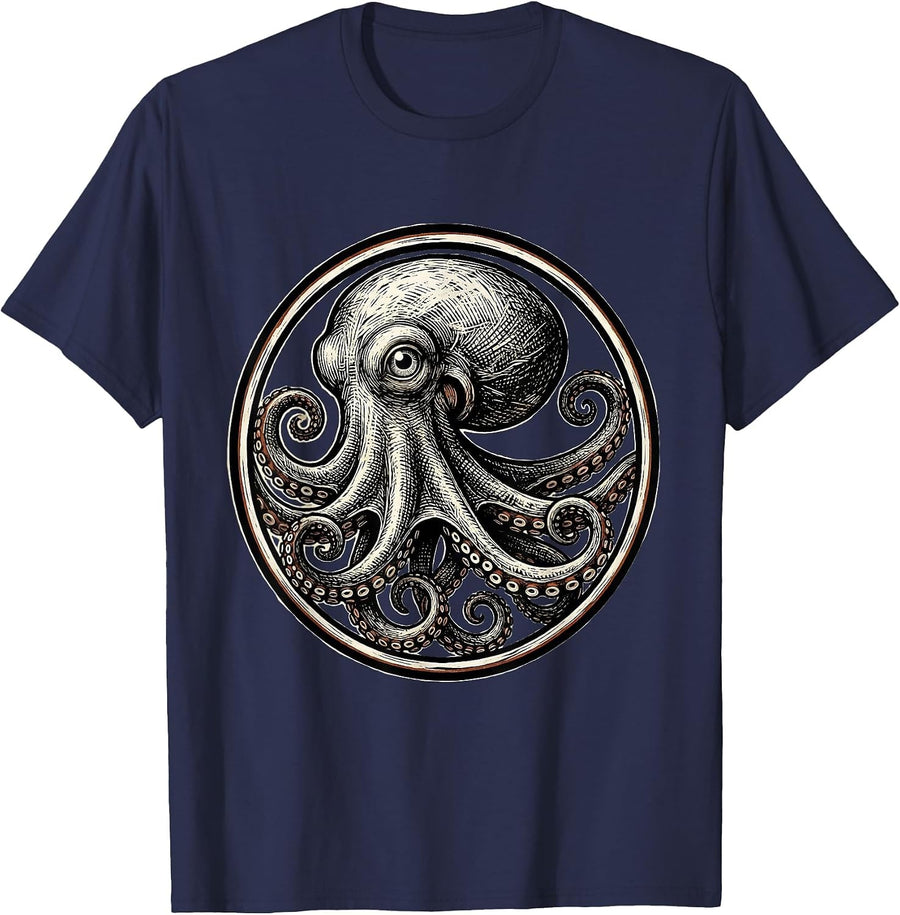 Sealed Octopus Badge Vintage Sea Creature Enthusiast T-Shirt - Navy Blue