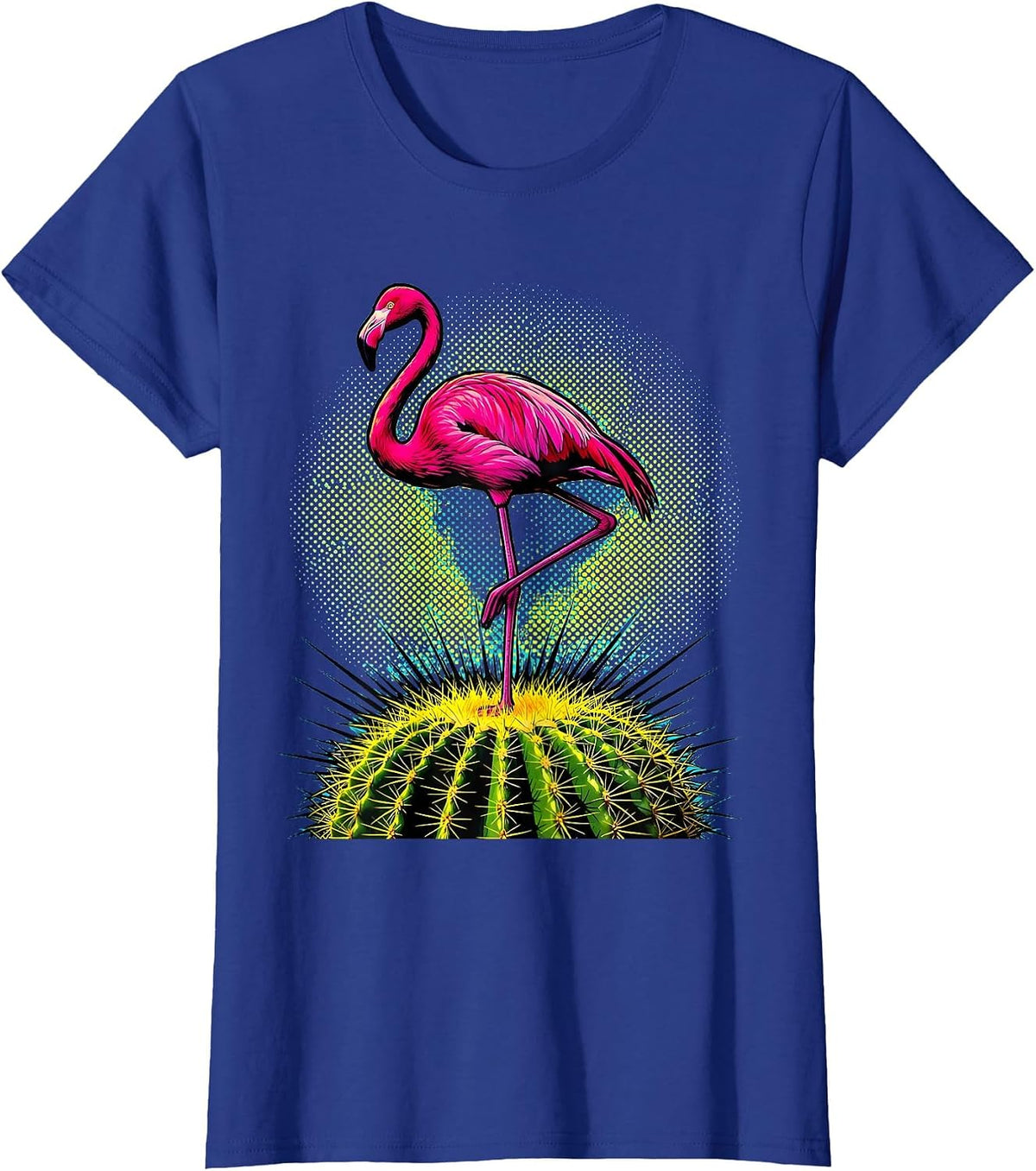 Women's Flamingo on Cactus Desert Illustration T-Shirt - Royal Blue