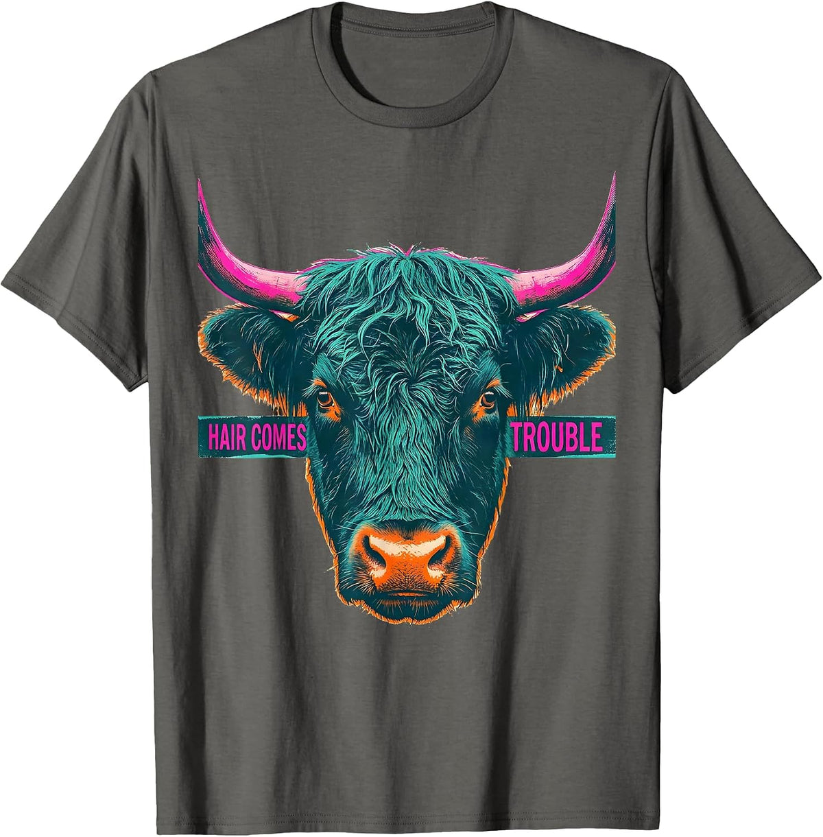 Men's Hair Comes Trouble Funny Highland Cow Humor Scottish Cow T-Shirt - Asphalt Grey