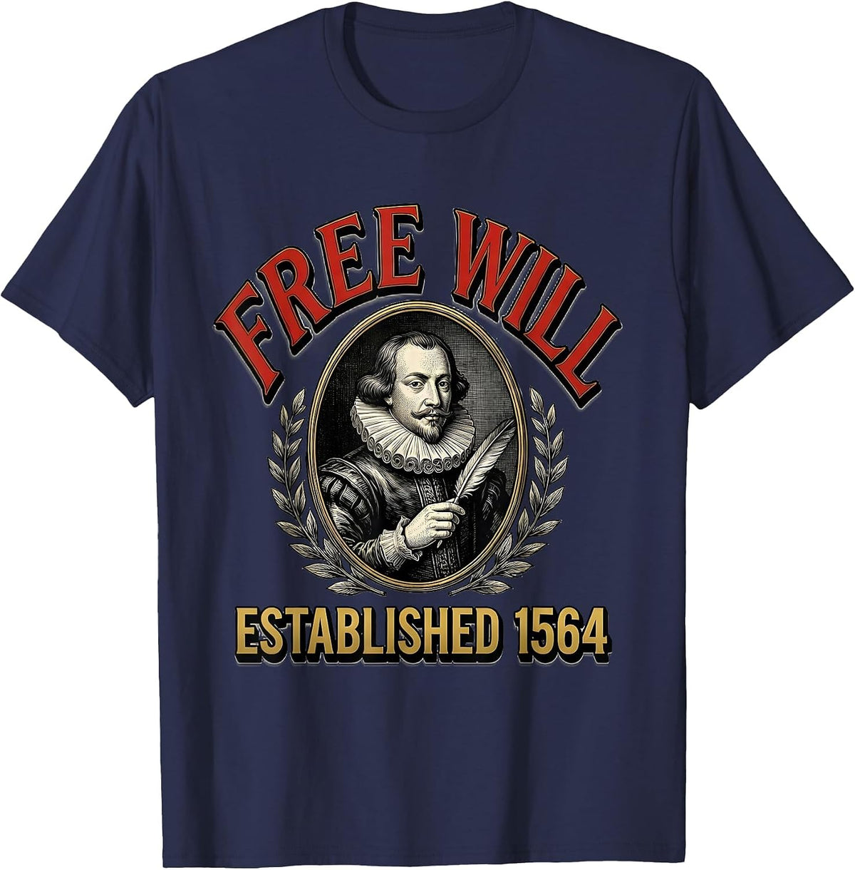 Men's Free Will Established 1564 Vintage Literary Shakespeare Fan T-Shirt - Navy Blue