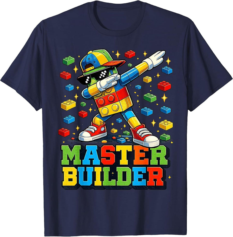 Dabbing Block Brick Building Master Builder for Men Boy Kid T-Shirt - Navy Blue