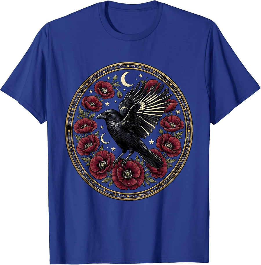 Crow and Blooming Poppies Floral Nature Art T-Shirt - Royal Blue