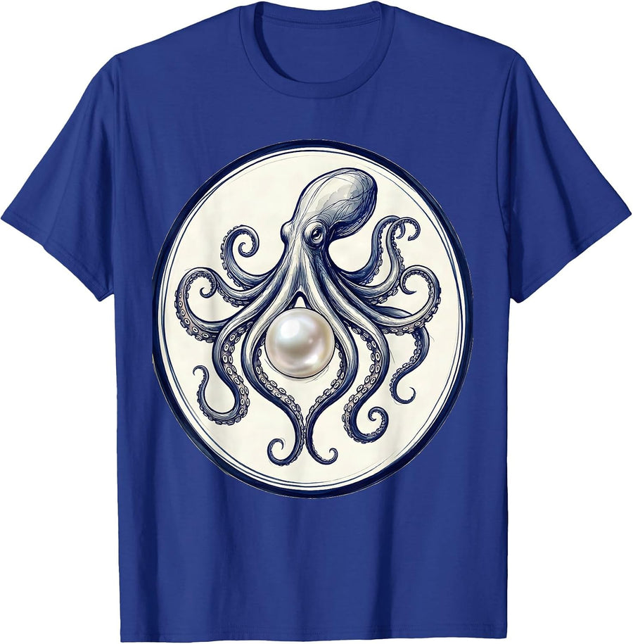 Octopus Cradling a Pearl Lustrous Ocean Art T-Shirt - Royal Blue