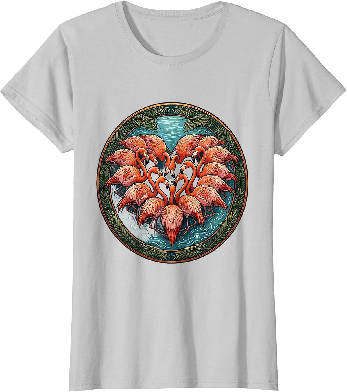 Women's Flamingo Flock Heart Shape Love Nature Art T-Shirt - Silver Grey