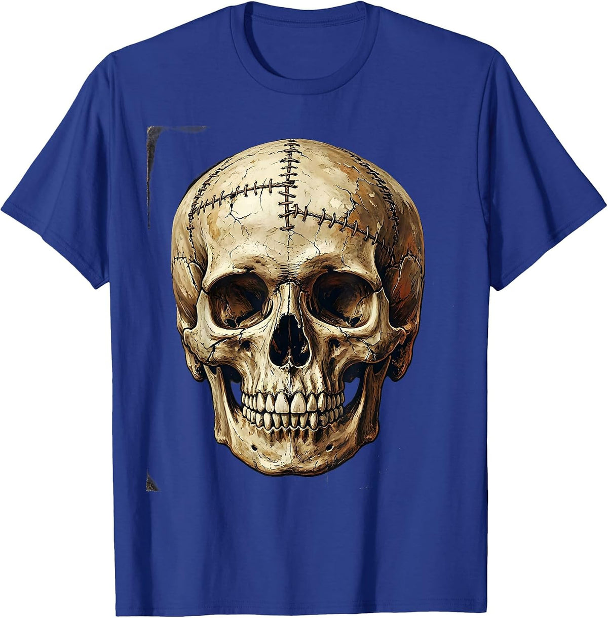 Grunge Weathered Skull Stitches and Cracks Art T-Shirt - Royal Blue