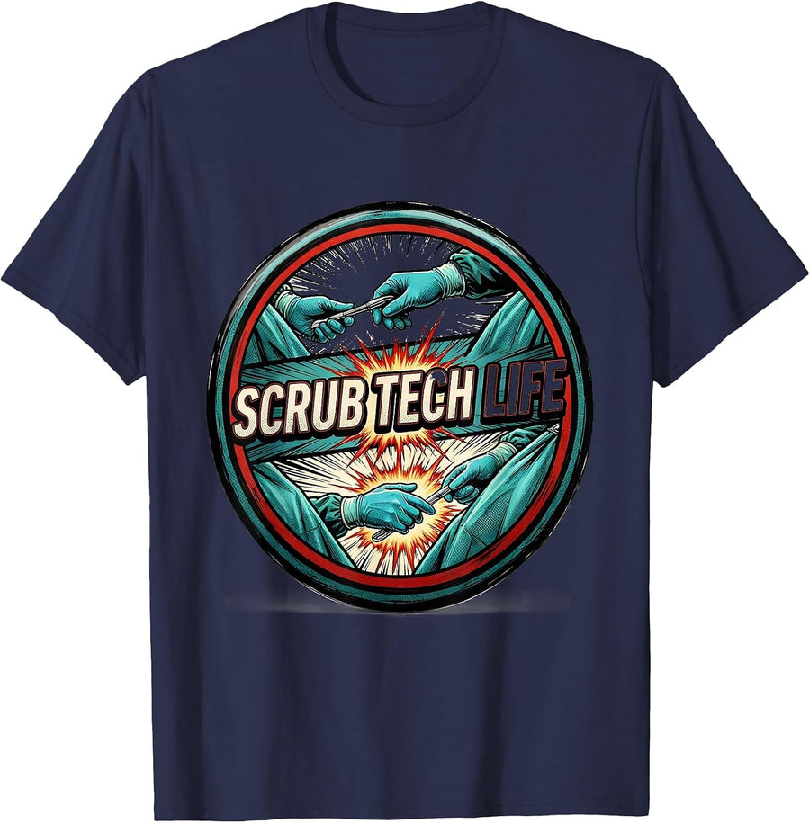 Scrub Tech Life Comic Book Surgical Technologist Allied T-Shirt - Navy Blue