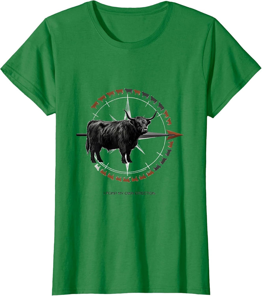 Women's I Point My Own Direction Funny Highland Cow Farm Humor T-Shirt - Kelly Green