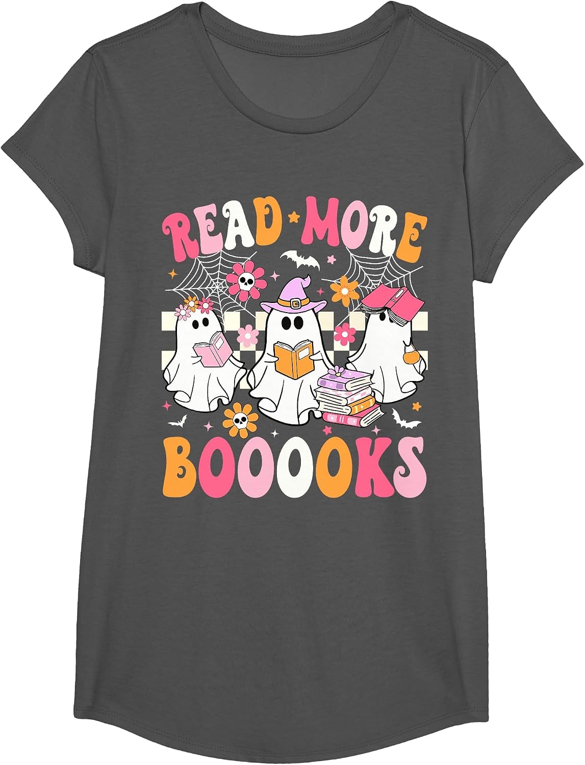 Read More Books Ghosts Reading Book Funny Teacher Halloween T-Shirt - Girls Asphalt Grey