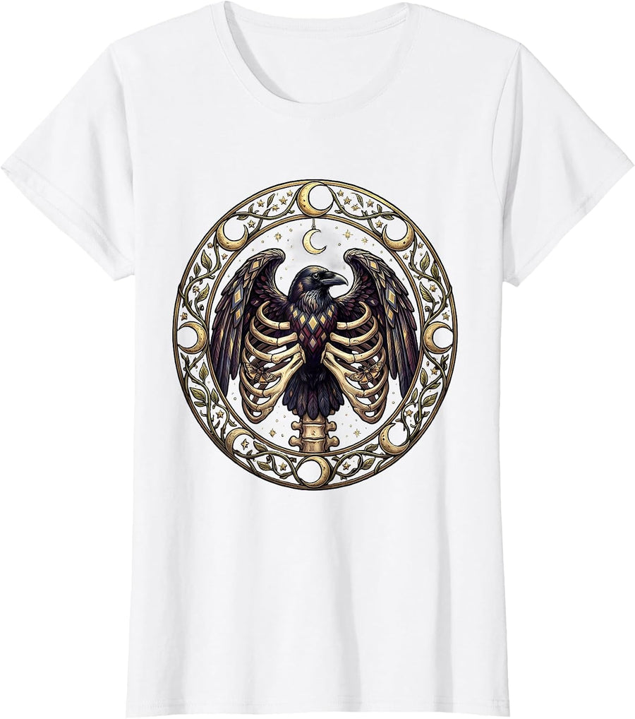 Women's Elder Emo Raven in Ribcage Dark Gothic Art T-Shirt - White