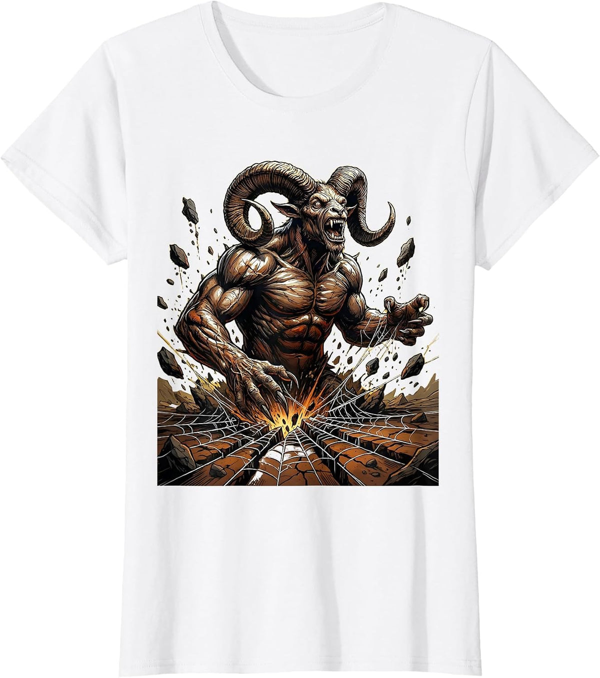 Women's Horned Demon Rising From Cracked Earth T-Shirt - White
