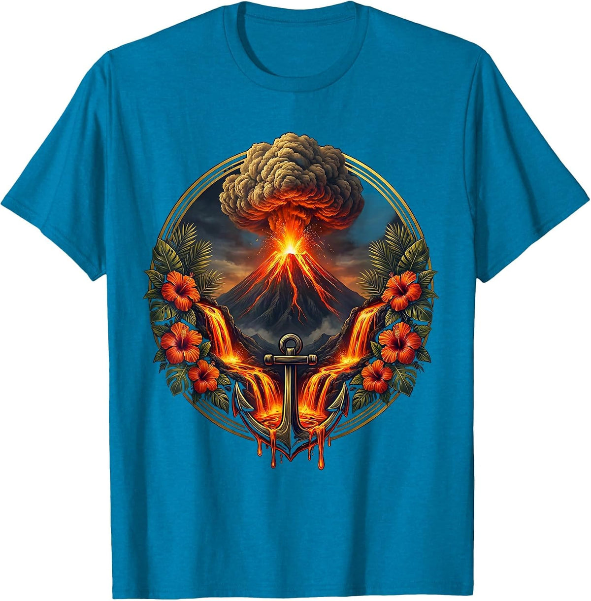 Hawaiian Volcano Erupting at Night Aloha Design T-Shirt - Sapphire Blue