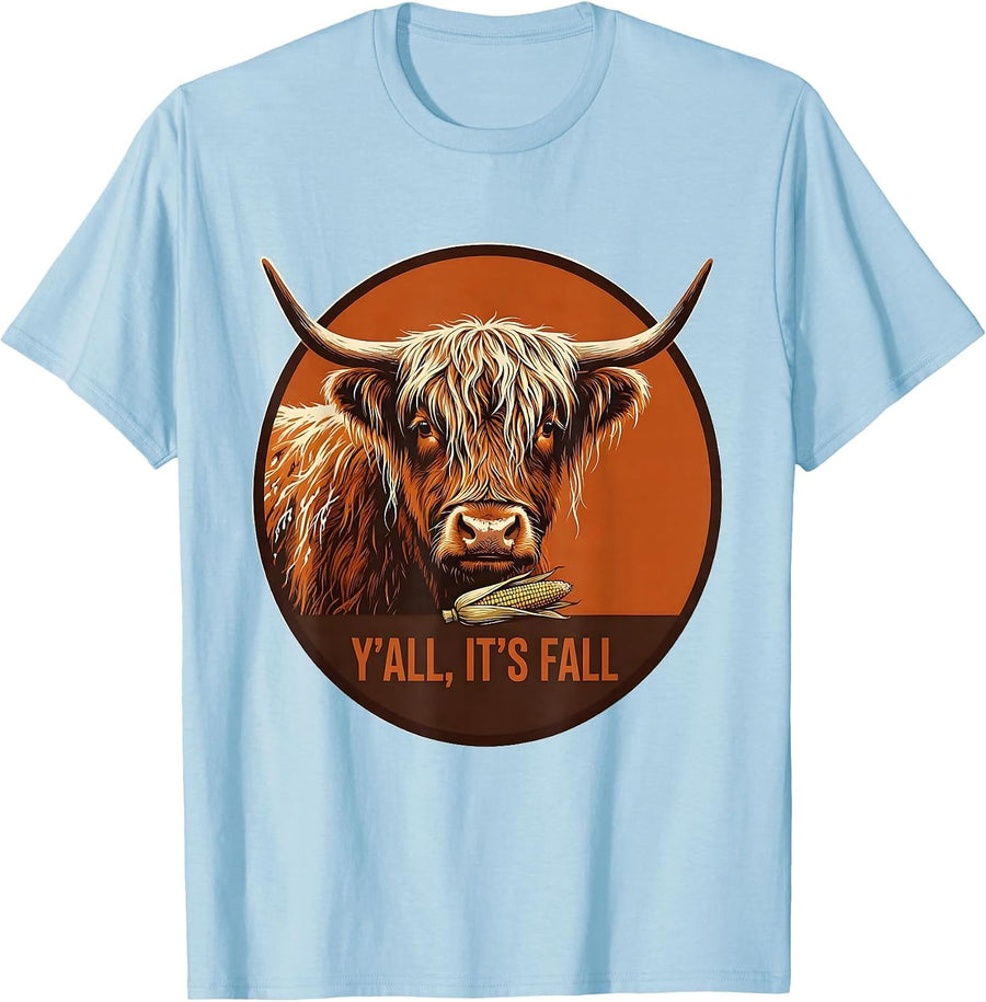 Men's Y'all, It's Fall Cute Highland Cow Autumn Cozy Seasonal T-Shirt - Baby Blue