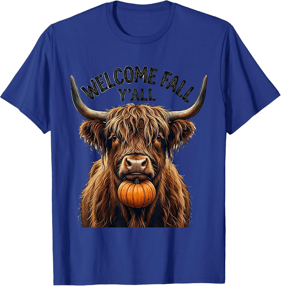 Welcome Fall, Y'all Cottagecore Highland Cow Autumn Humor T-Shirt - Royal Blue