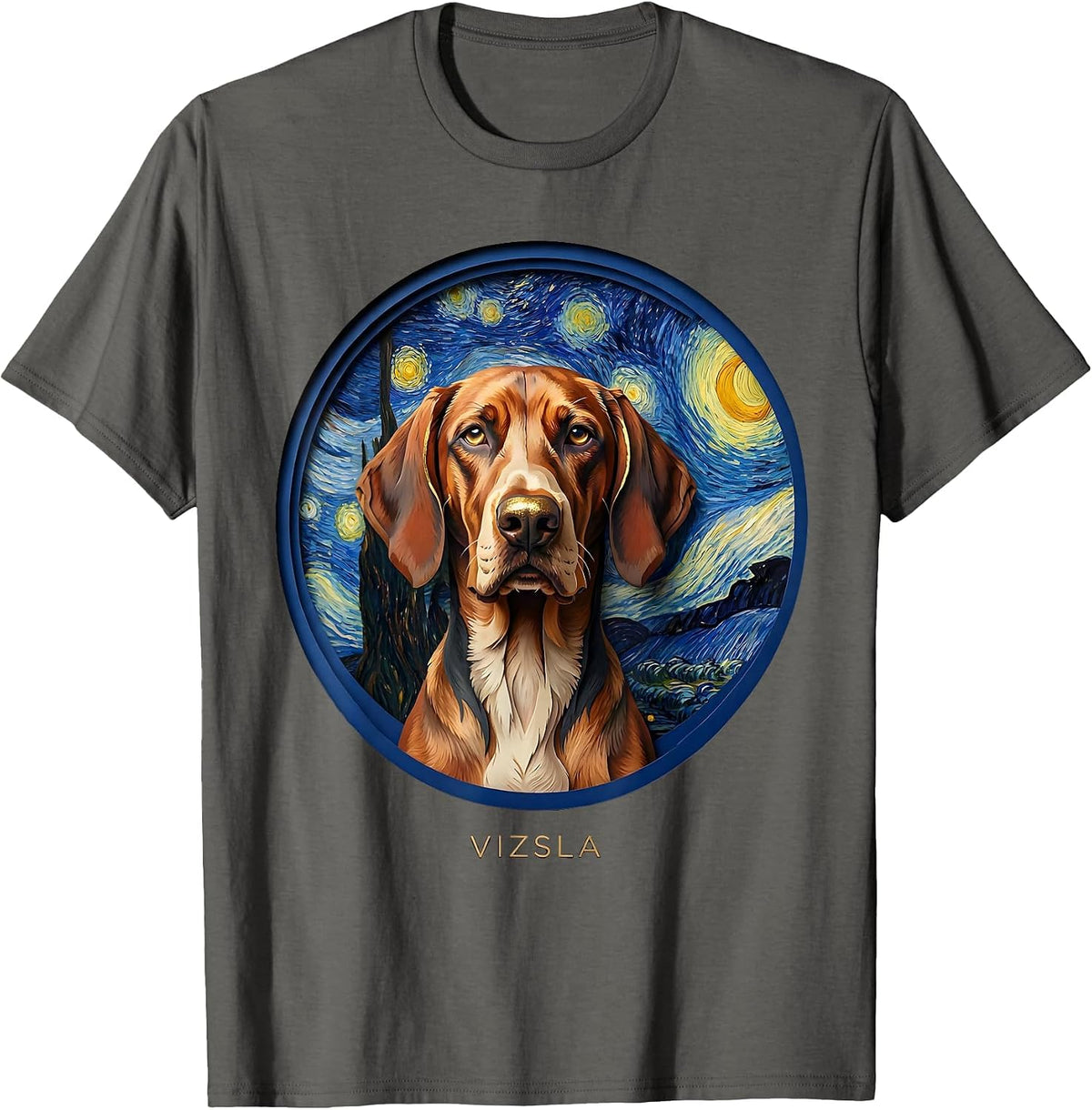 Men's Vizsla Paper Cutout Van Gogh Starry Night Dog Portrait T-Shirt - Asphalt Grey