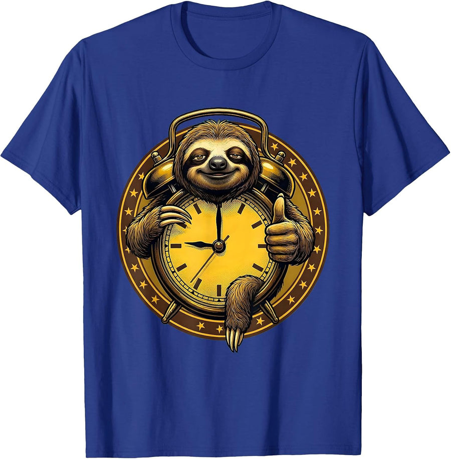 Sleepy Sloth Hanging on Alarm Clock Funny Tee T-Shirt - Royal Blue