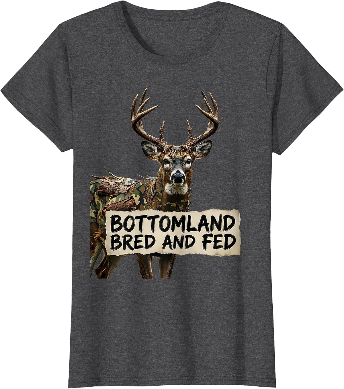 Women's Bottomland Bred and Fed Camo Hunting Design T-Shirt - Dark Heather Grey