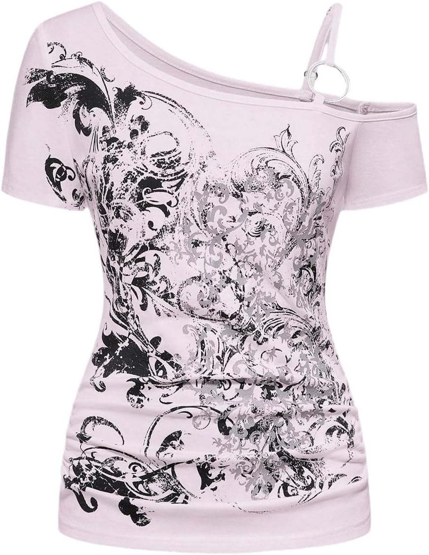 SOLY HUX Women's Gothic Tee Emo Alt Clothes Grunge Shirts Off Shoulder Tops - Pink Graphic