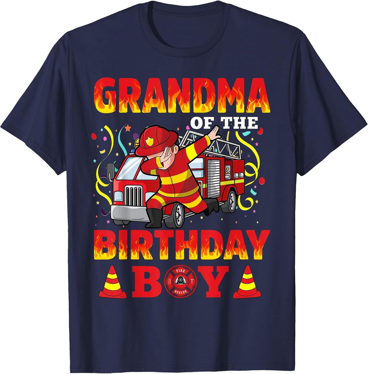 Grandma of The Birthday Boy Fire Truck Firefighter Boys T-Shirt - Navy Blue