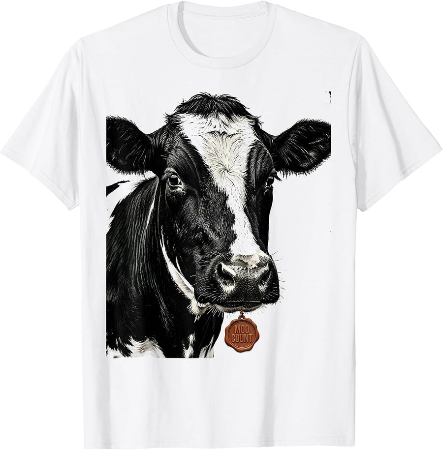 Men's Moo Count Rubber Stamp Funny Farm Animal Graphic T-Shirt - White