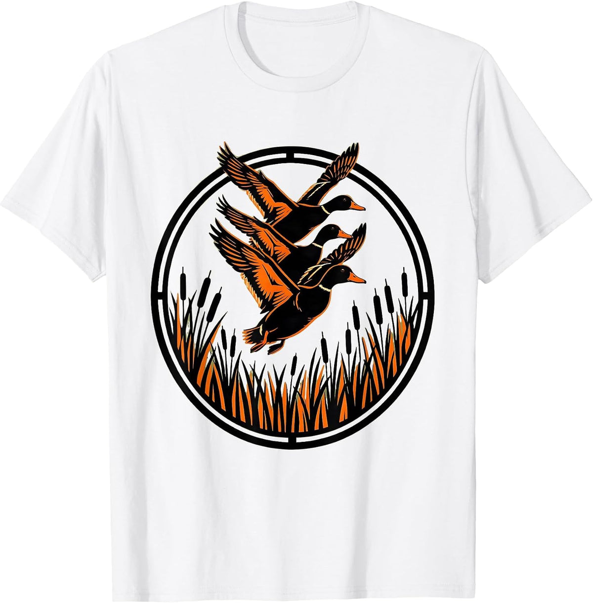 Men's Duck Camo Flock Over Misty Wetlands Illustration T-Shirt - White