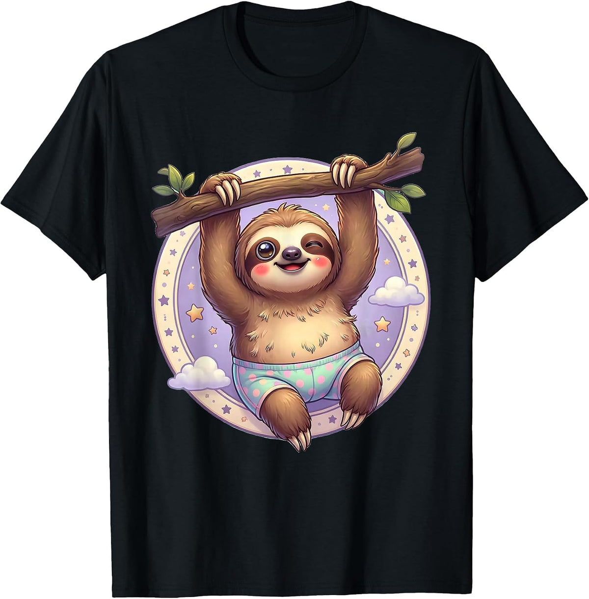 Men's Lazy Sloth Hanging in Underwear Funny Graphic T-Shirt - Black