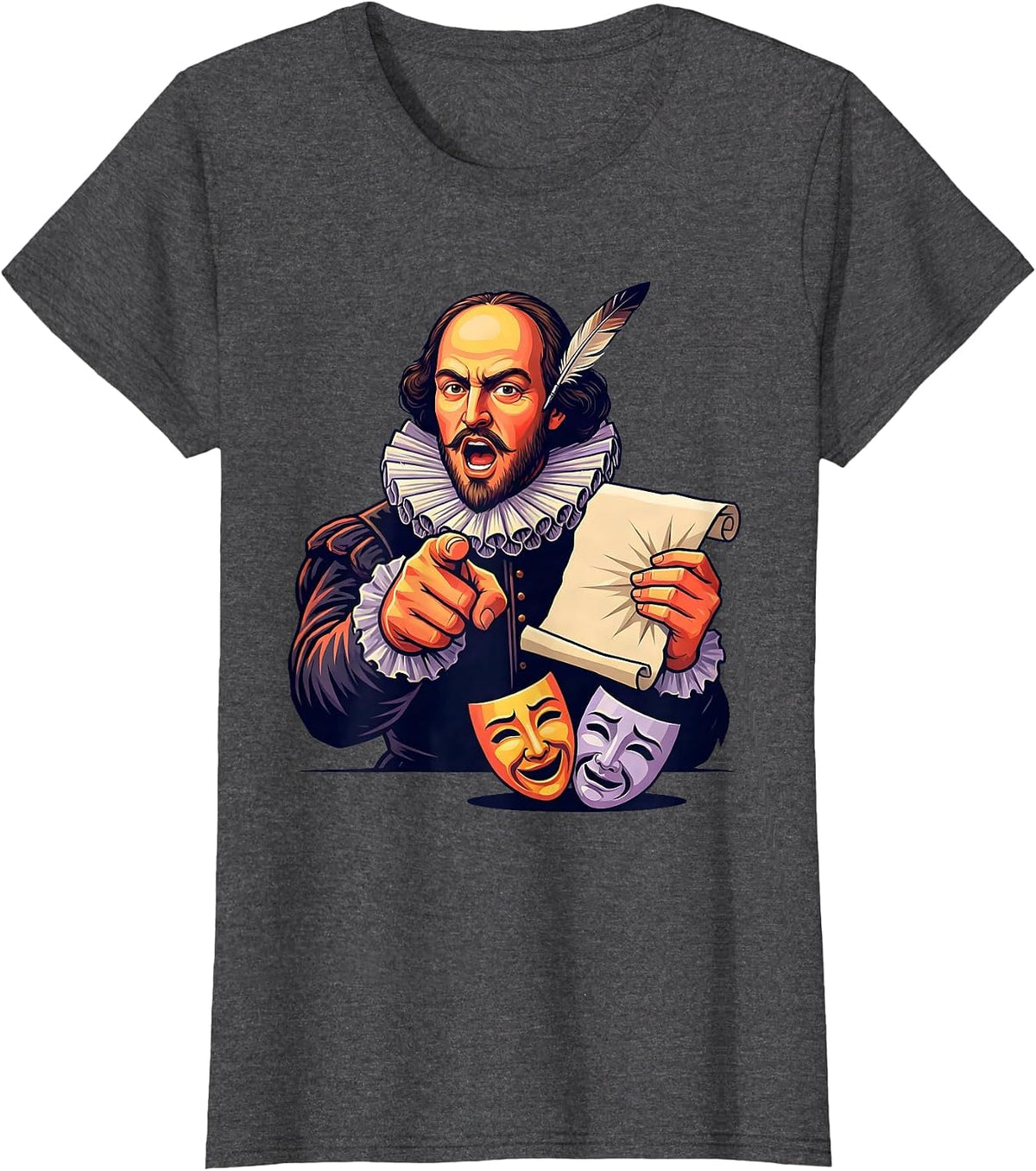 Women's Shakespeare Tragedy Comedy Mask Flat Vector Theater Humor T-Shirt - Dark Heather Grey