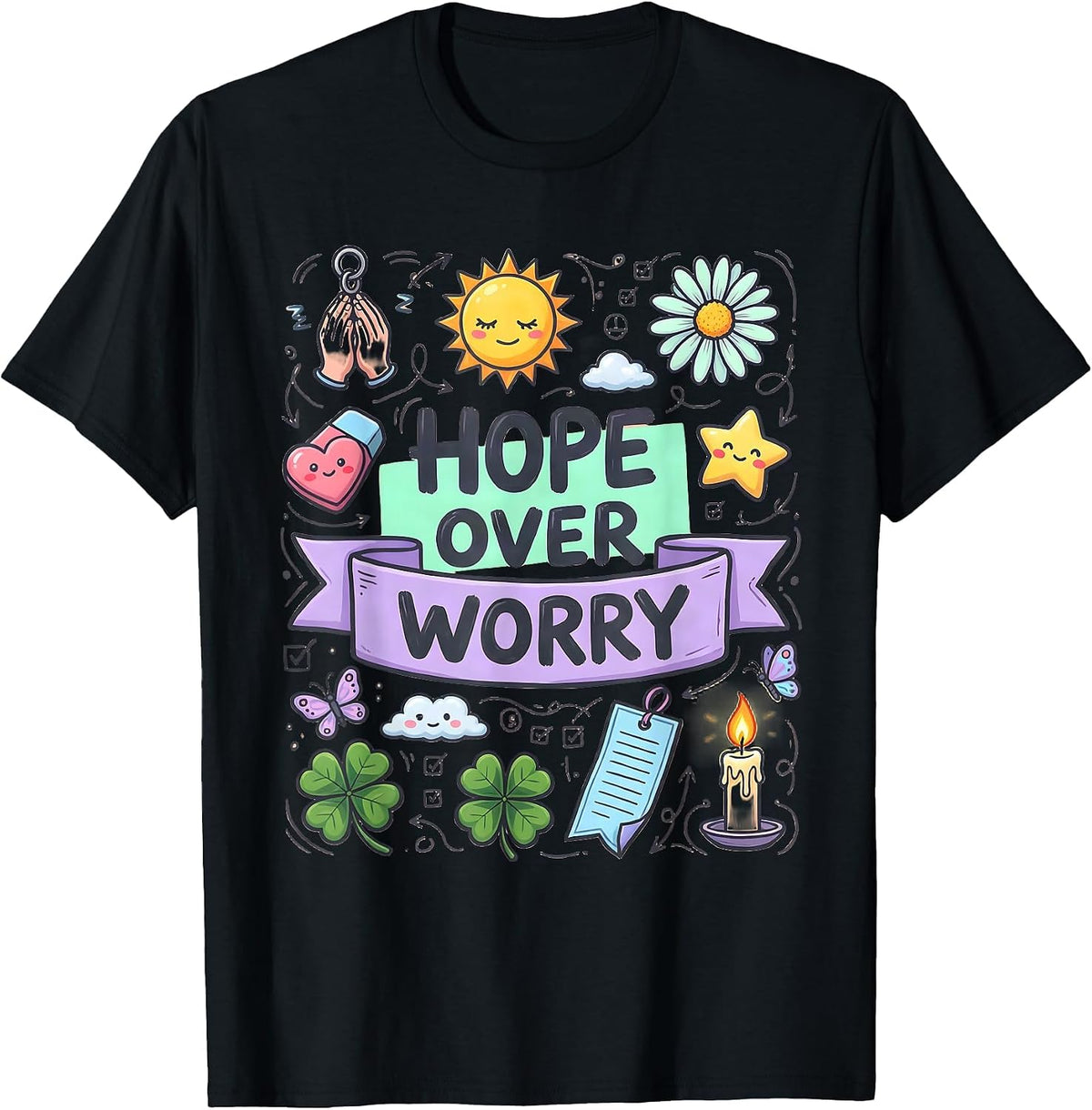 Men's Hope Over Worry Faith Over Fear Inspirational Design T-Shirt - Black