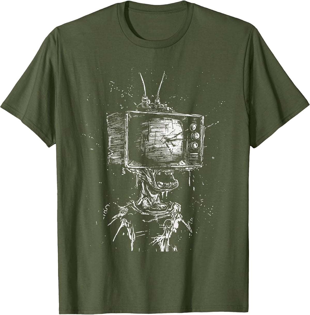 Weird Grunge TV Head Art Alt Odd Strange Goth Aesthetic T-Shirt - Olive Green