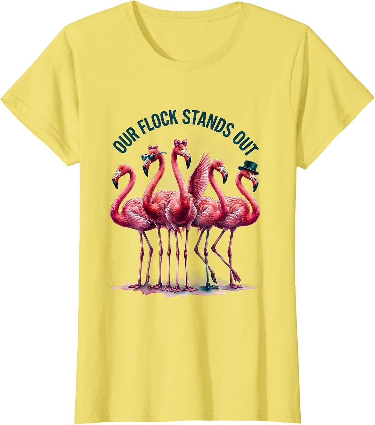 Our Flock Stands Out Watercolor Pink Flamingo Novelty Family T-Shirt - Lemon Yellow