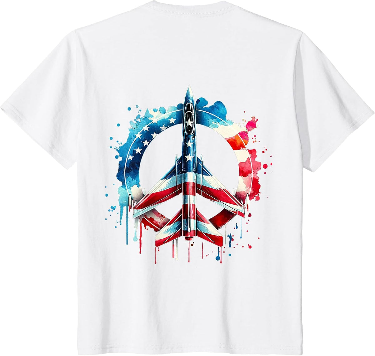 Flying Jet American Flag Peace Sign USA Patriotic July 4th T-Shirt - White