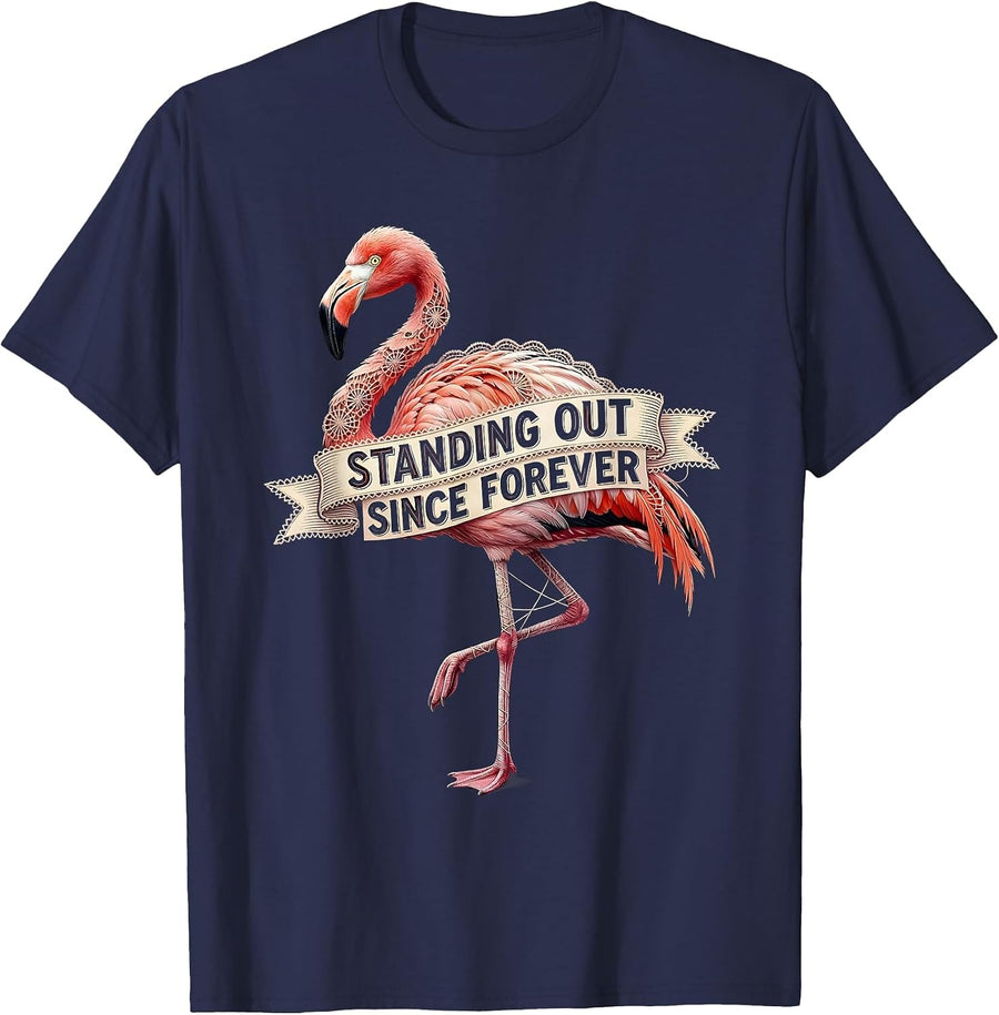 Flamingo Standing Out Since Forever Design T-Shirt - Navy Blue