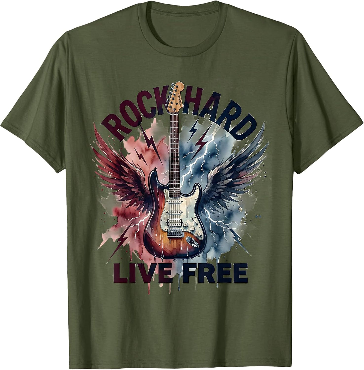 Rock Hard Live Free Bold Rock and Roll Design T-Shirt - Olive Green