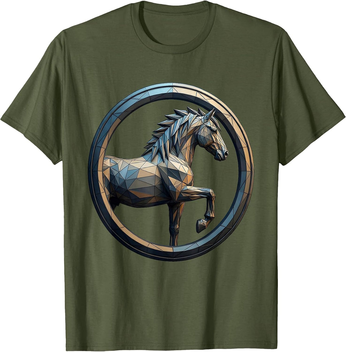 Geometric Low-Poly Horse Profile Art Design T-Shirt - Olive Green
