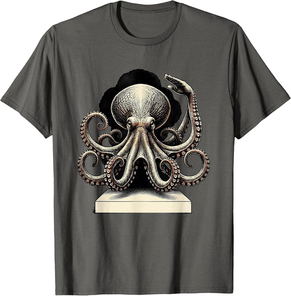 Saluting Octopus Distressed Sea Monster Fan T-Shirt - Asphalt Grey