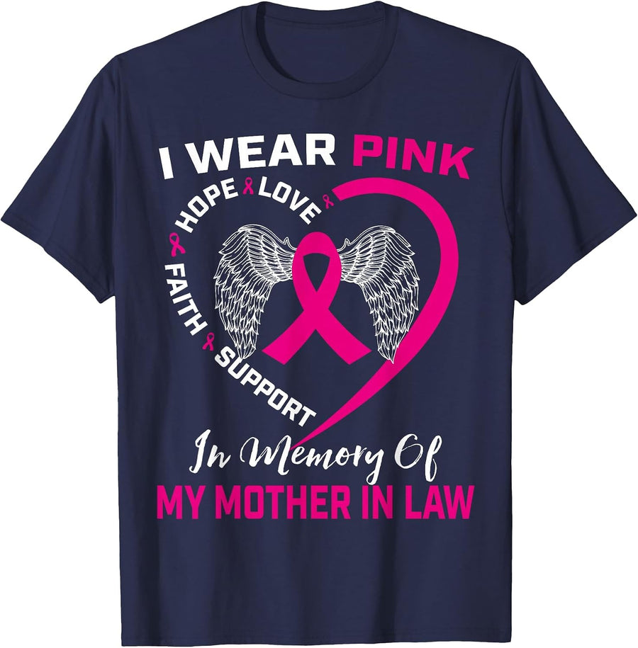 I Wear Pink in Memory of My Mother in Law Breast Cancer T-Shirt - Navy Blue