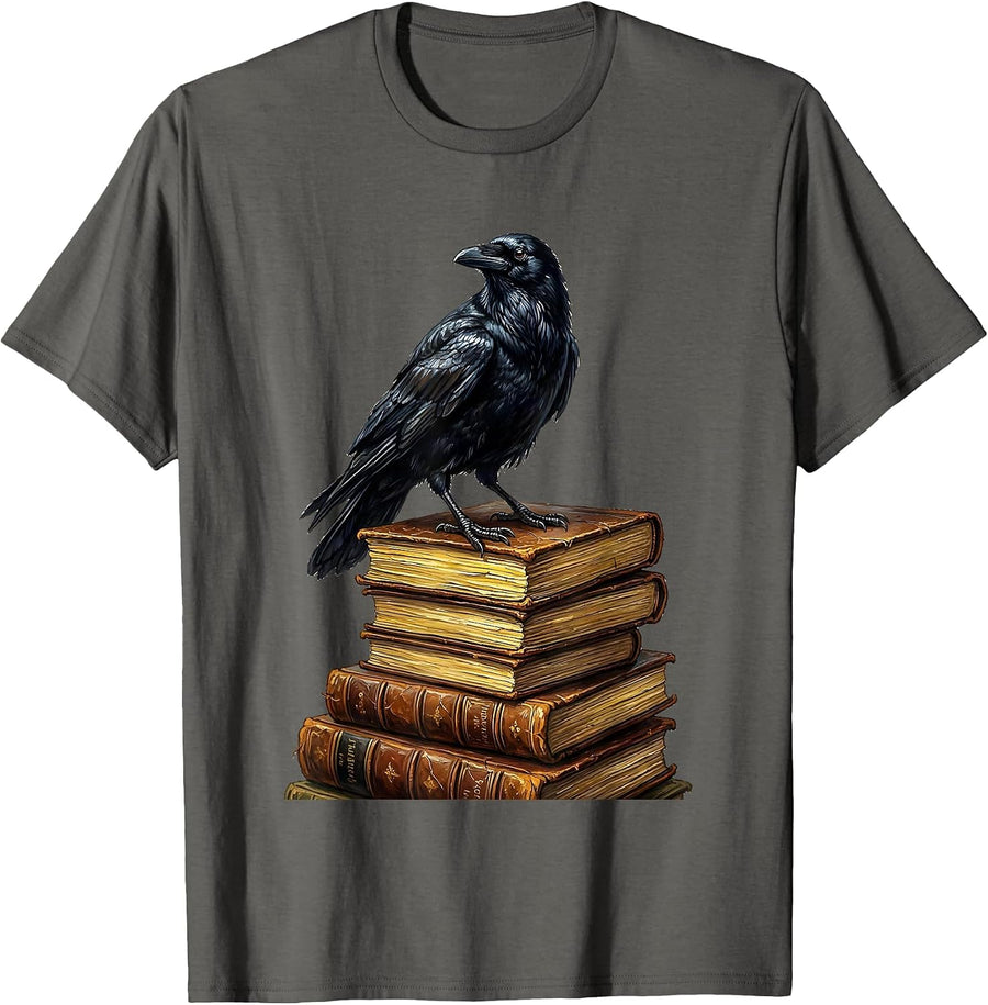 Crow on Stack of Old Books Illustration T-Shirt - Asphalt Grey
