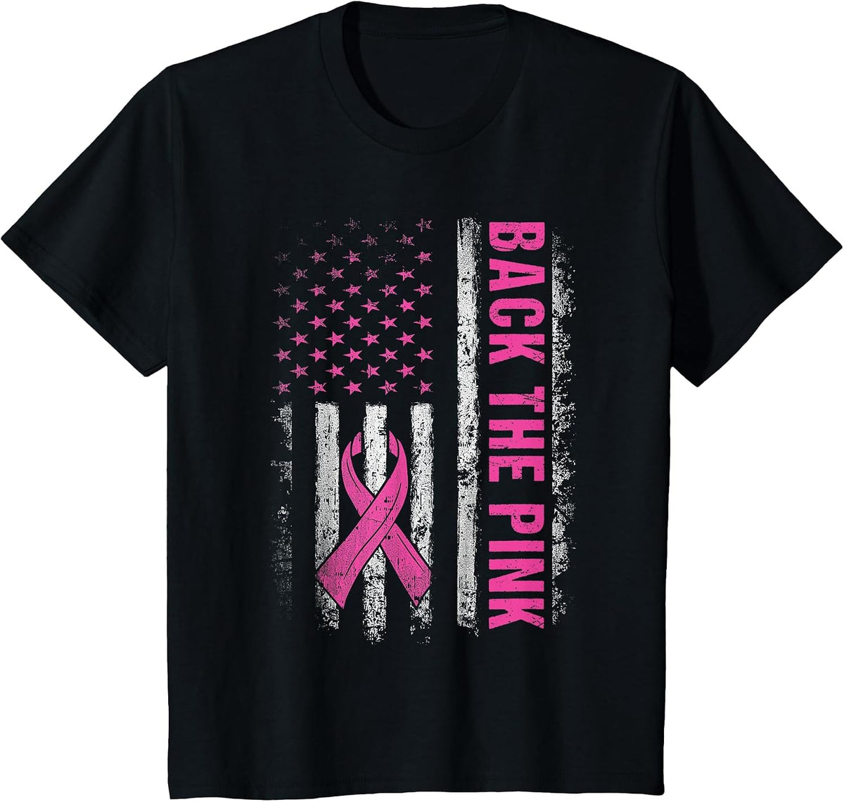 Back The Pink Ribbon American Flag Breast Cancer Awareness T-Shirt - Black