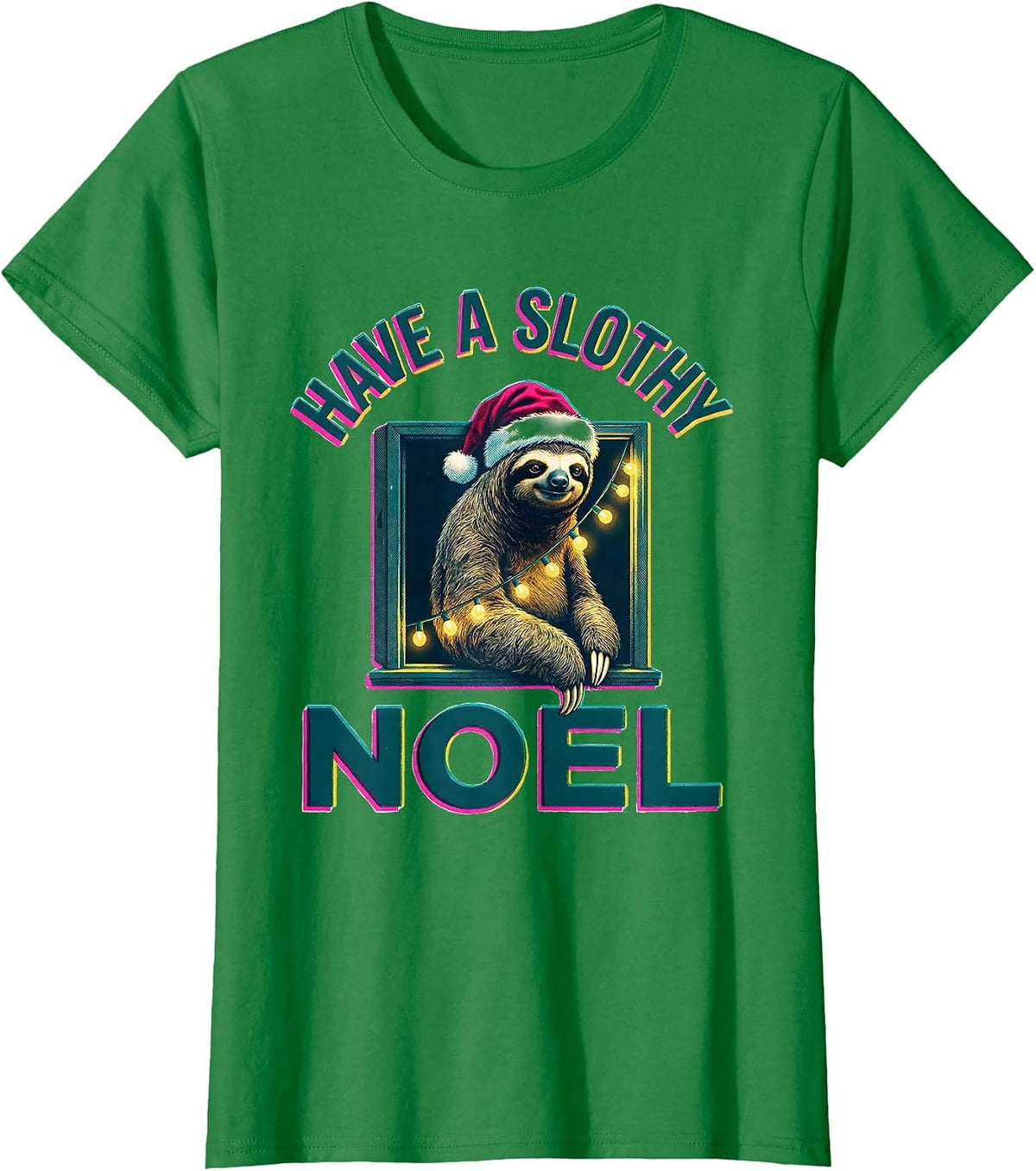 Women's Have a Slothy Noel Funny Sloth Christmas Lights Santa Hat T-Shirt - Kelly Green
