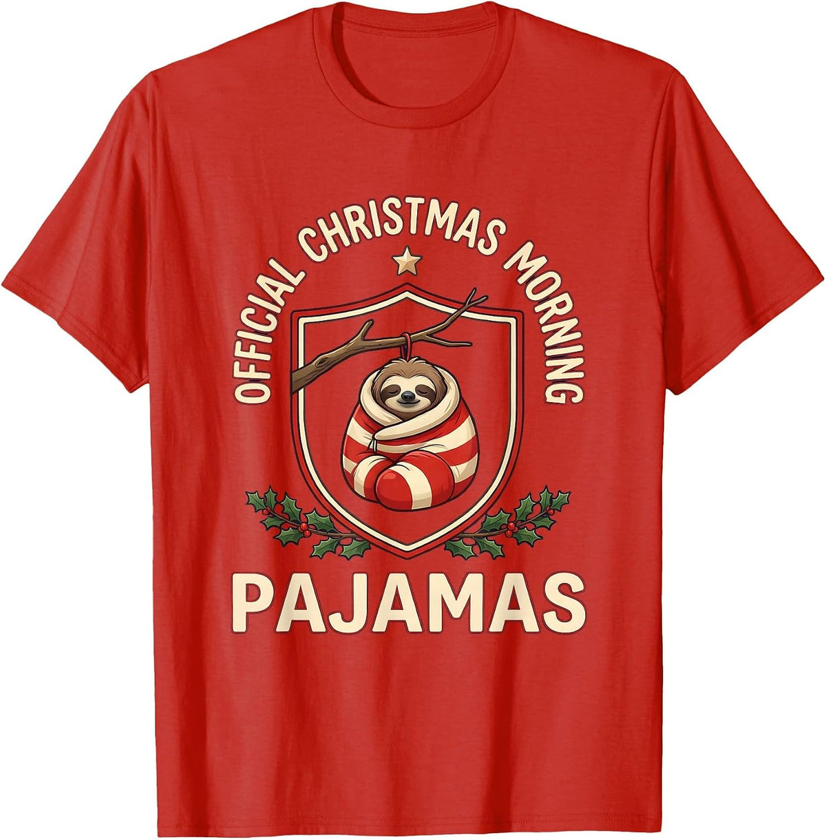 Men's Official Christmas Morning Pajamas Funny Sloth Lover Holiday T-Shirt - Red