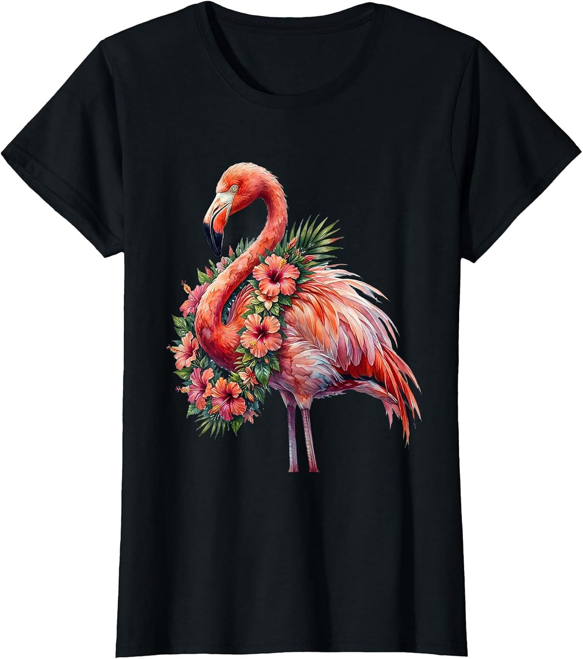Women's Flamingo Floral Lei Hawaiian Tropical Design T-Shirt - Black