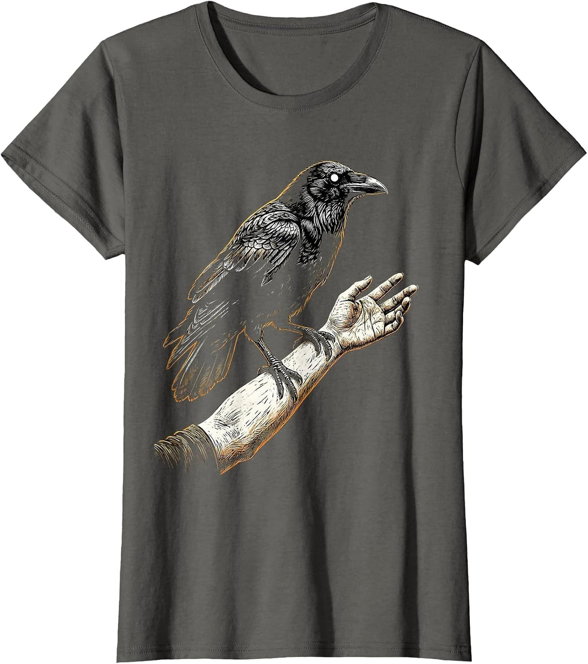 Women's Crow Perched on Outstretched Hand Illustration T-Shirt - Asphalt Grey