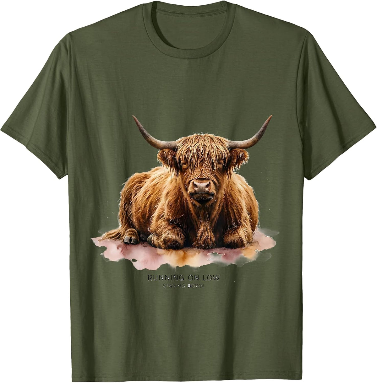 Running On Low, Staying Down Watercolor Highland Cow Cute T-Shirt - Olive Green