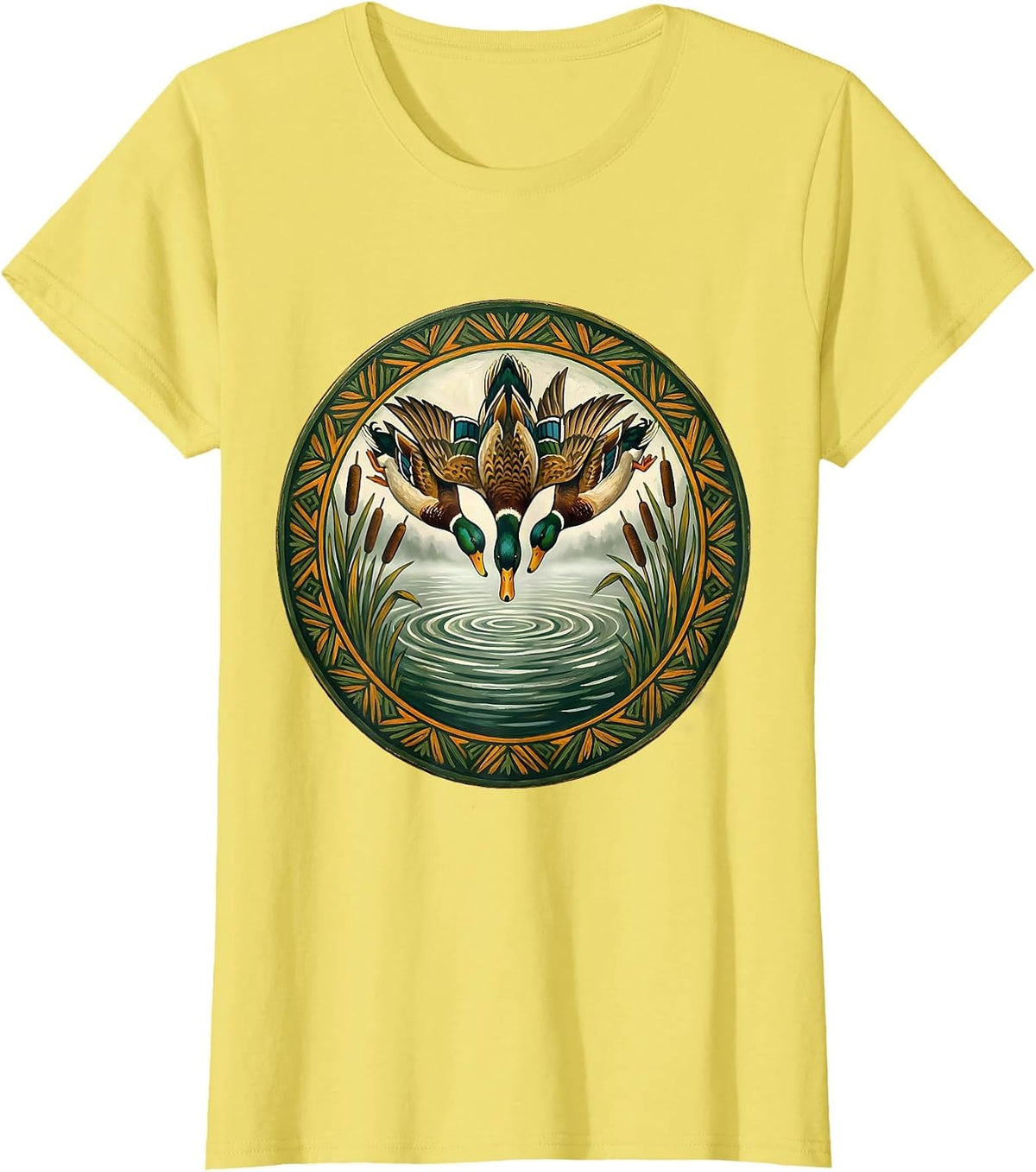 Women's Duck Camo Flock Descending on Misty Lake T-Shirt - Lemon Yellow