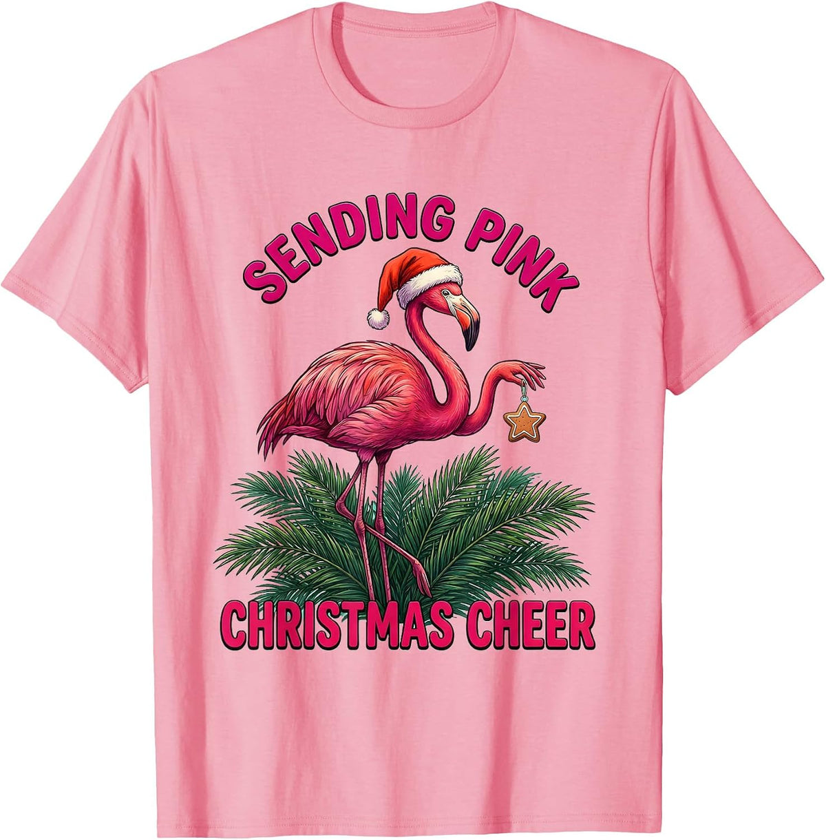 Men's Sending Pink Christmas Cheer Funny Flamingo Santa Hat T-Shirt - Pink