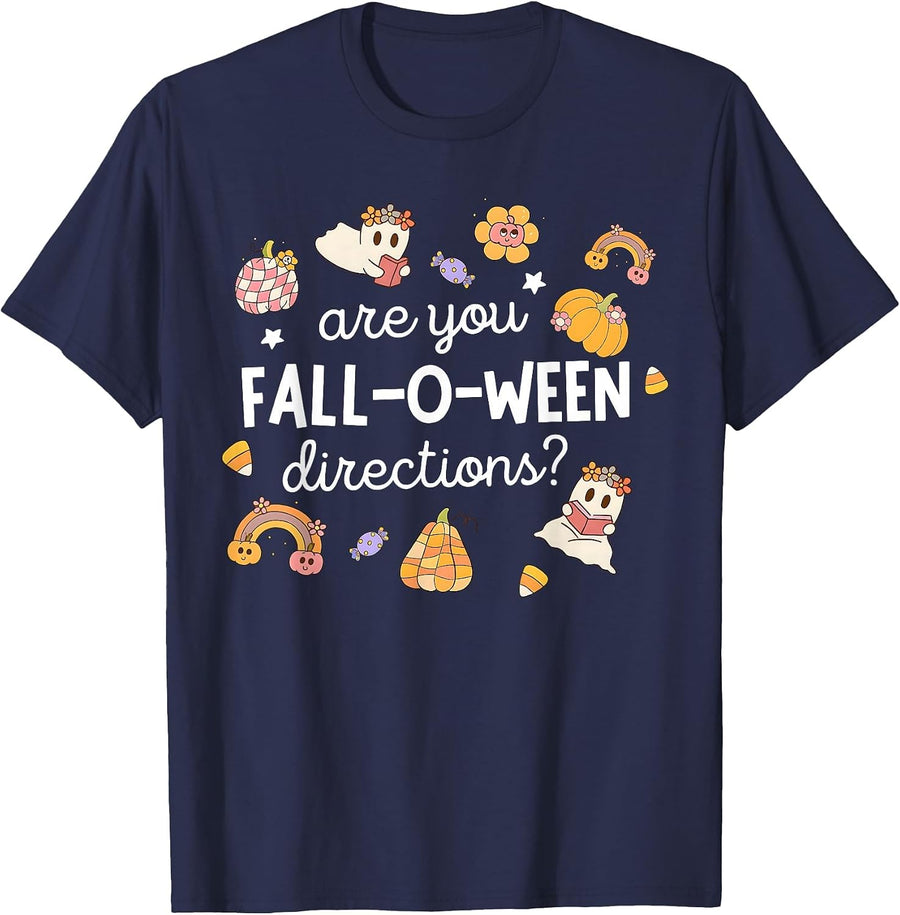 are You Fall O Ween Directions Halloween Teacher Ghosts T-Shirt - Navy Blue