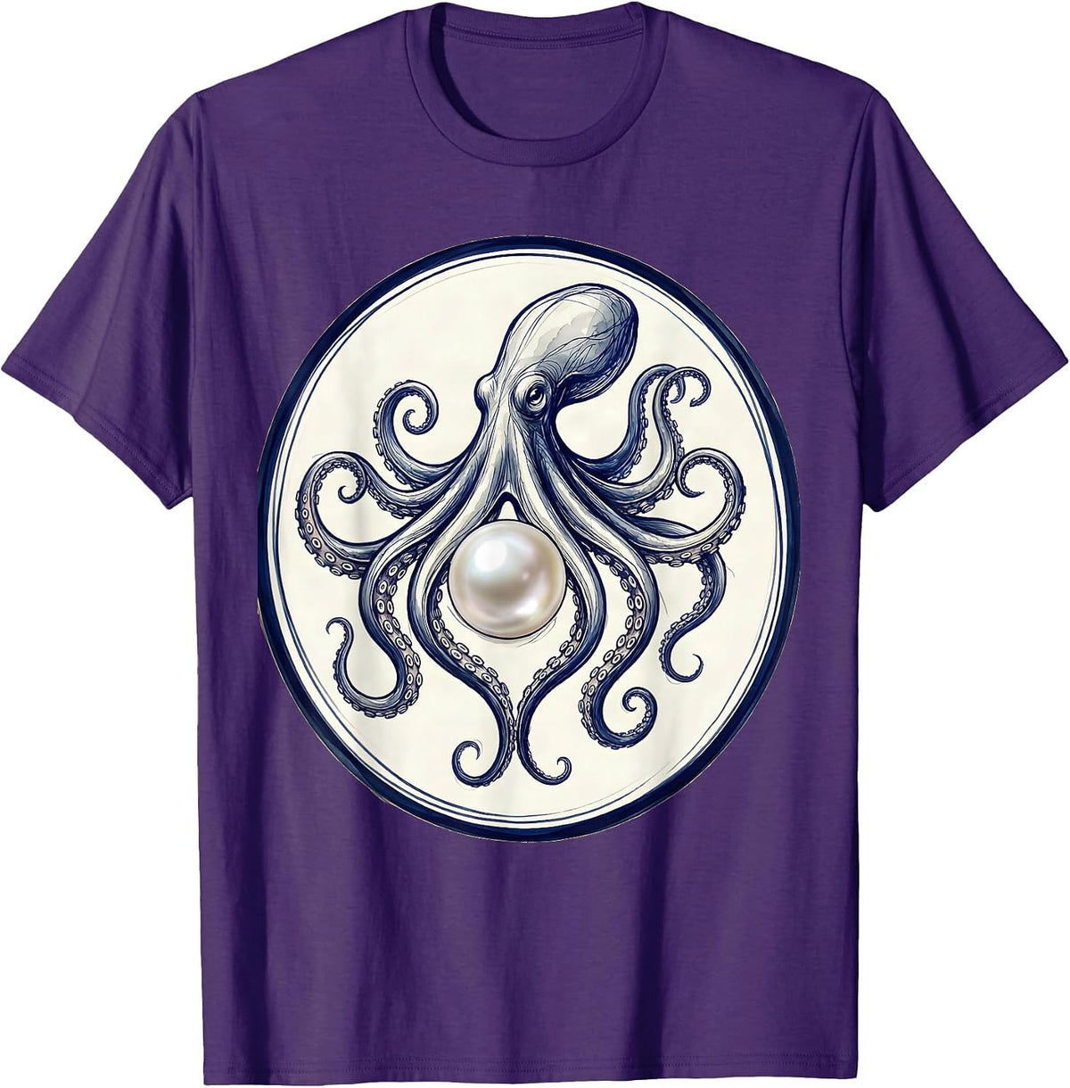 Octopus Cradling a Pearl Lustrous Ocean Art T-Shirt - Purple