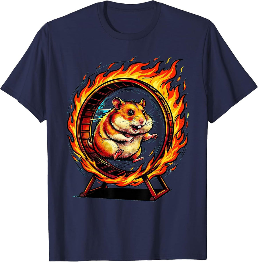 Flaming Hamster Wheel Crazy Funny Graphic Design T-Shirt - Navy Blue