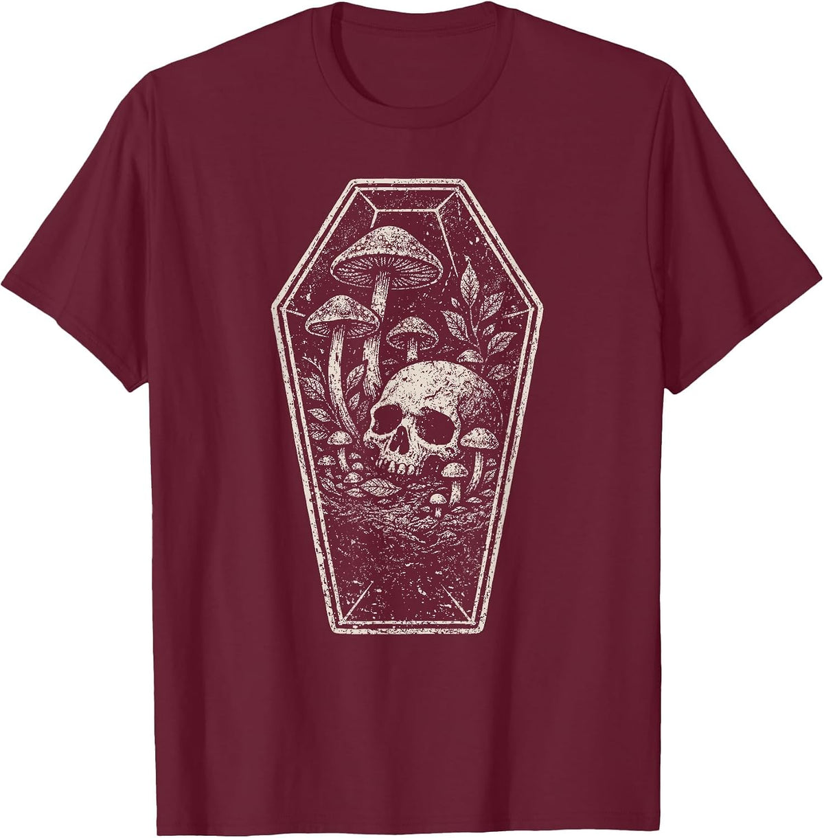 Skull Mushroom Grunge Skeleton Dark Coffin Forest Aesthetic T-Shirt - Burgundy