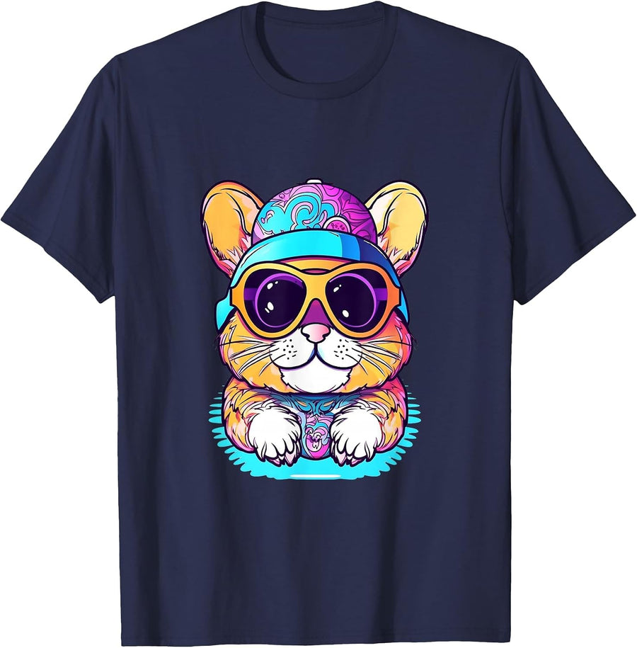 Hamster Wearing Sunglasses and Hat Hammy Kawaii Street Art T-Shirt - Navy Blue