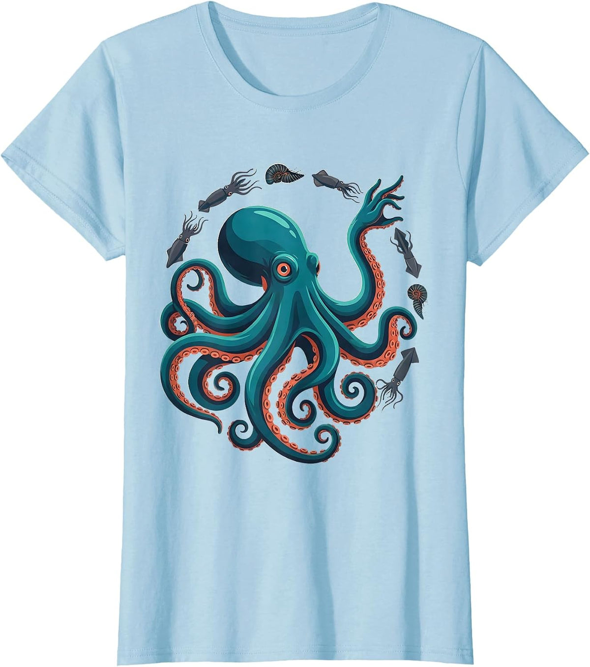 Women's Octopus Squid Cuttlefish Nautilus Sea Creature Marine Lover T-Shirt - Baby Blue